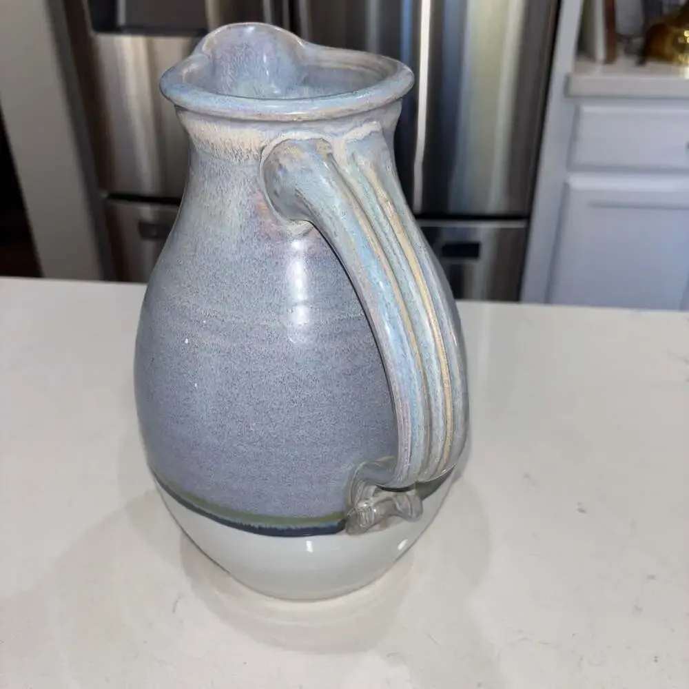 Handmade Studio Pottery Ceramic Pitcher with Blue and White Glaze